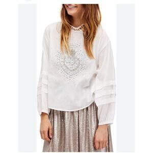 FREE PEOPLE "Heart of Gold" Ivory Rhinestones Embellished Gauze Cotton Blouse M
